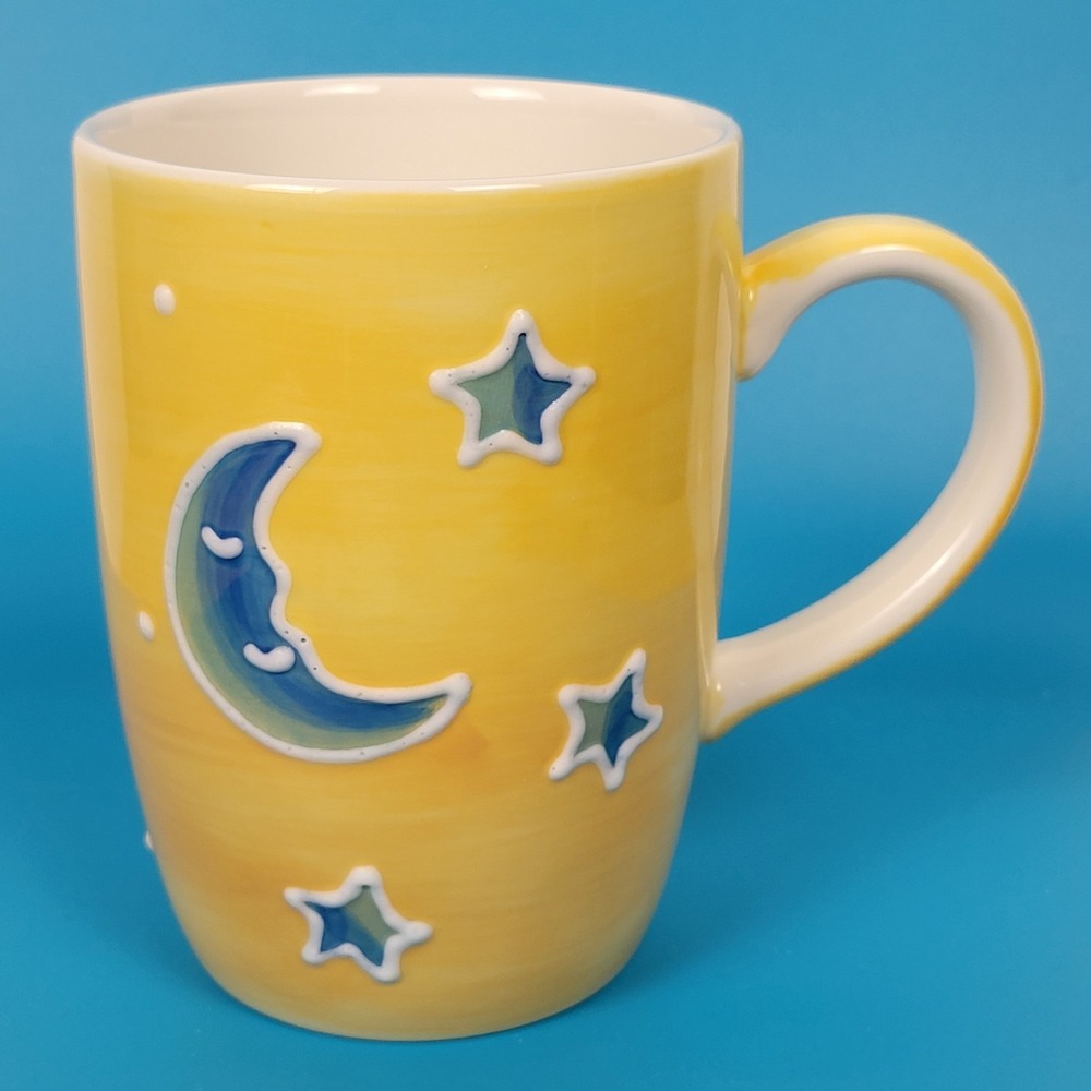 Celestial Moon Stars Hand-Painted Mug Yellow Blue Ceramic Whimsical Galaxy Art